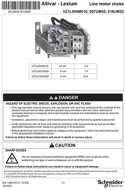 schneider施耐德Instruction Sheet - Line choke 1 phase _ VZ1L004M010_ 007UM50_ 018UM20